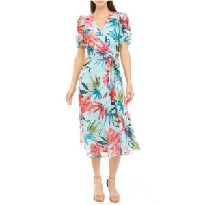 Maison Tara Dress Size 10 Floral Faux Wrap Aqua Hibiscus Midi Puff Sleeve NWT